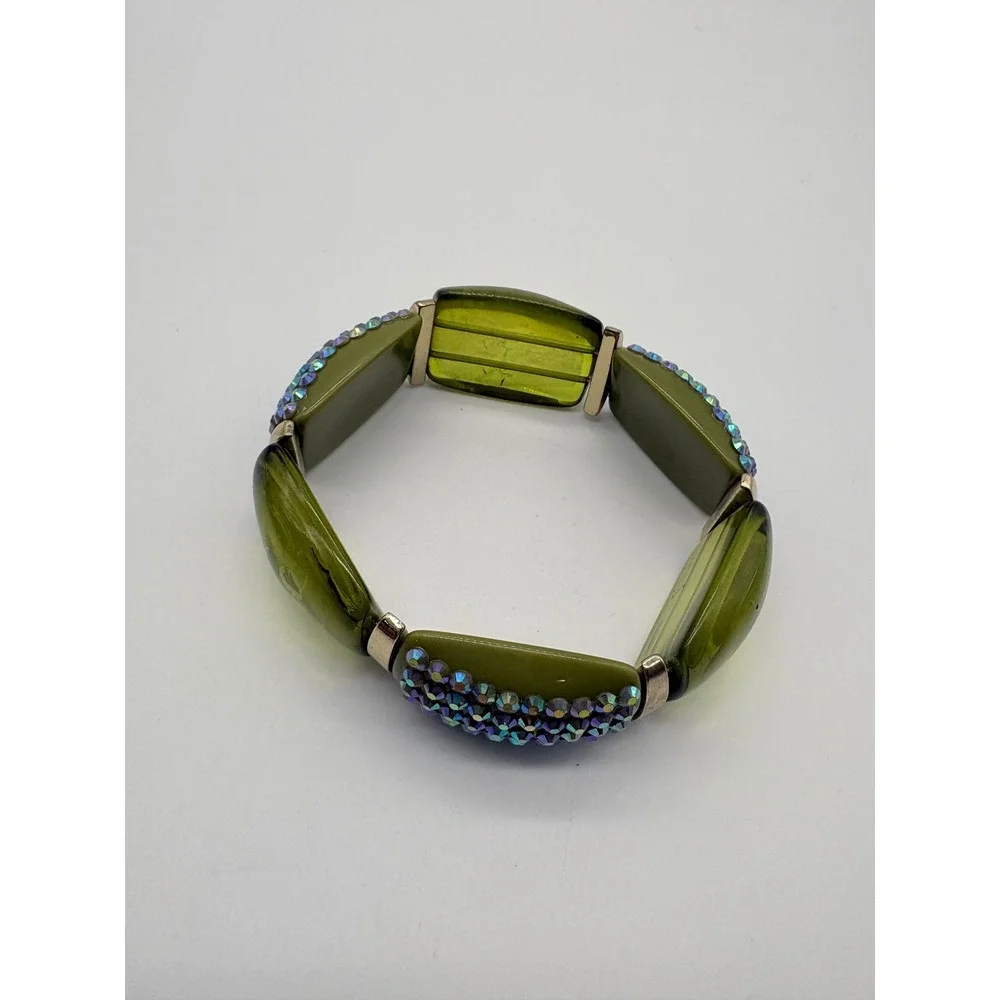 Olive Green Resin Chunky Stretch‎ Bracelet AB Rhinestone Statement